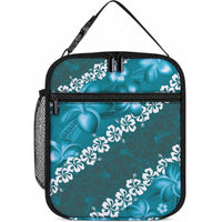 Vintage Dark Cyan Polynesia Lunch Bag Plumeria With Hibiscus Tropical Vibes LT14 10.2 × 8.3 × 4.3 inch Dark Cyan - Polynesian Pride