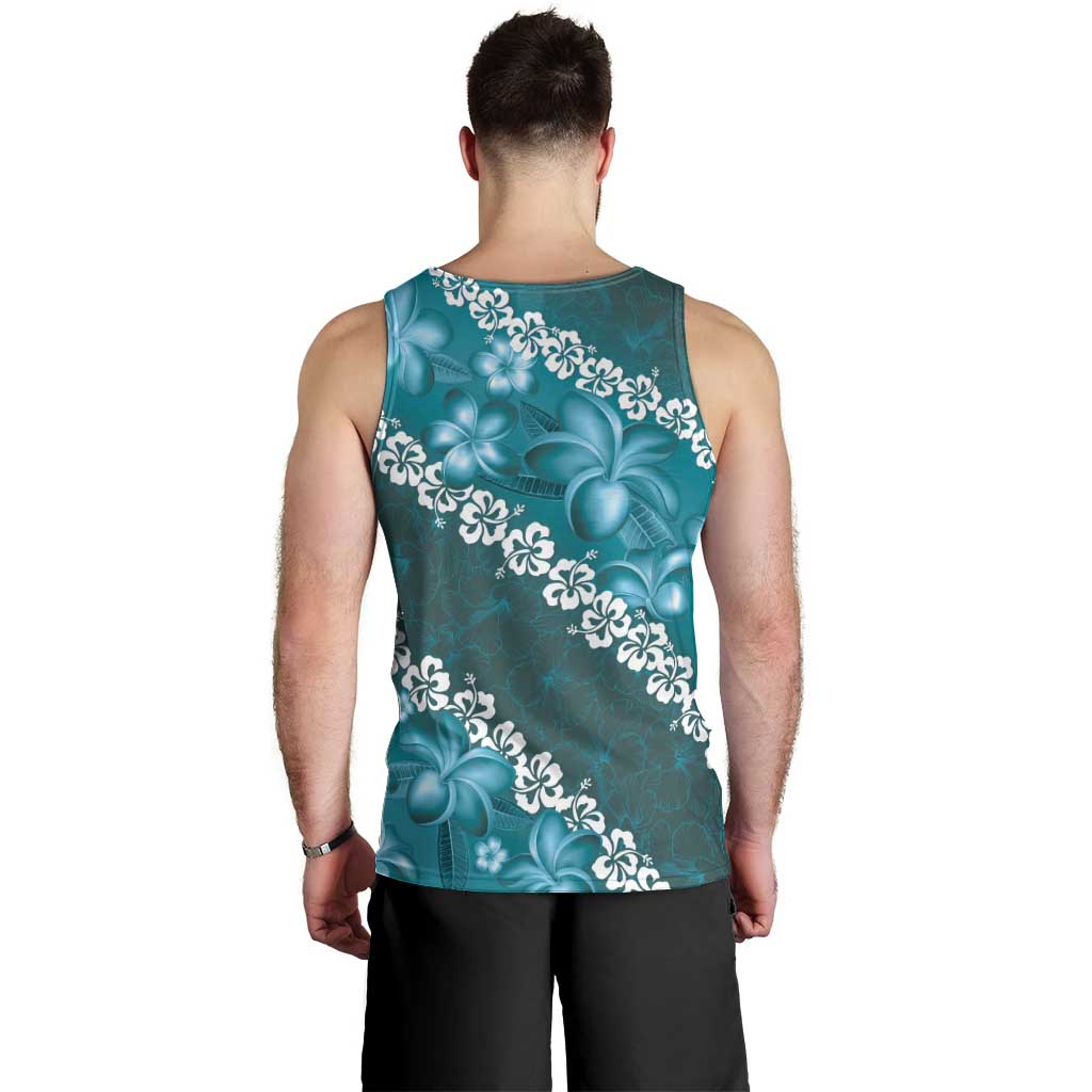 Vintage Dark Cyan Polynesia Men Tank Top Plumeria With Hibiscus Tropical Vibes