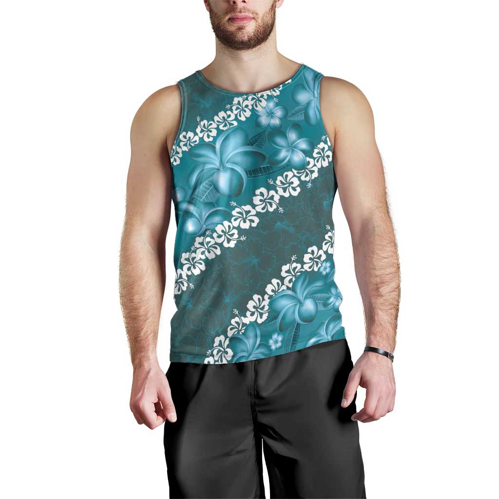 Vintage Dark Cyan Polynesia Men Tank Top Plumeria With Hibiscus Tropical Vibes