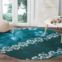 Vintage Dark Cyan Polynesia Round Carpet Plumeria With Hibiscus Tropical Vibes