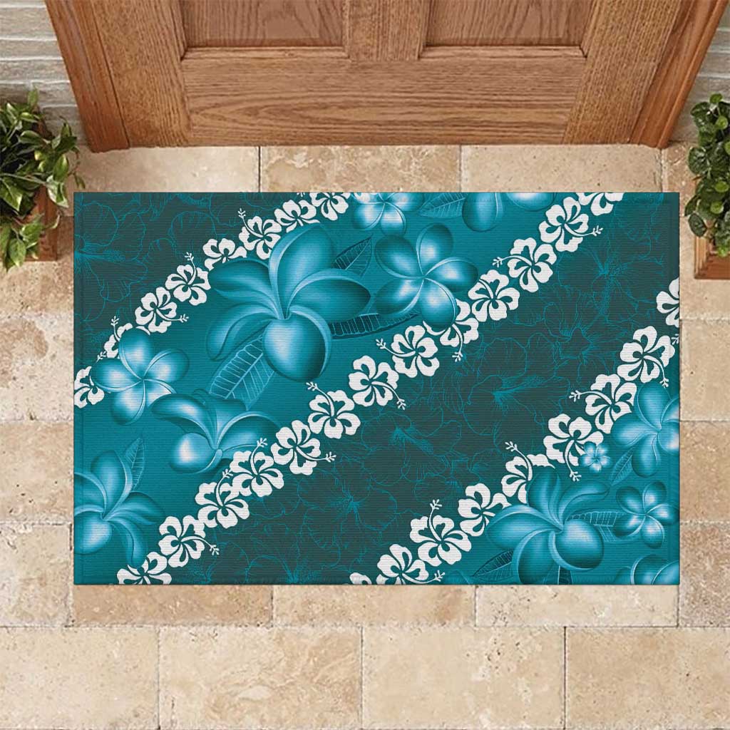 Vintage Dark Cyan Polynesia Rubber Doormat Plumeria With Hibiscus Tropical Vibes