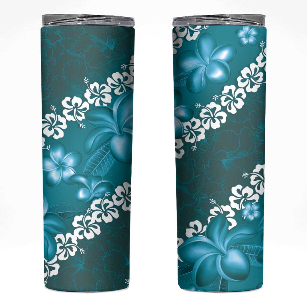 Vintage Dark Cyan Polynesia Skinny Tumbler Plumeria With Hibiscus Tropical Vibes