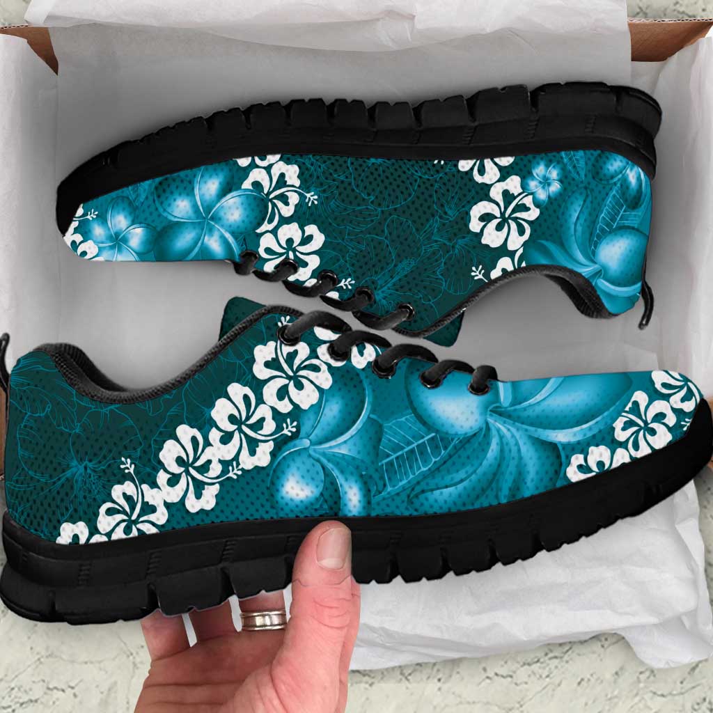 Vintage Dark Cyan Polynesia Sneakers Plumeria With Hibiscus Tropical Vibes