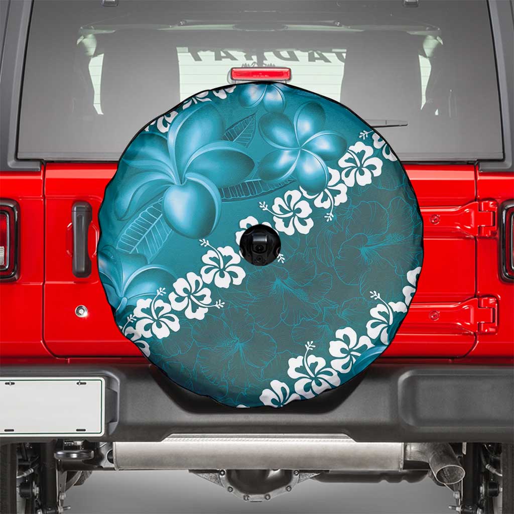 Vintage Dark Cyan Polynesia Spare Tire Cover Plumeria With Hibiscus Tropical Vibes