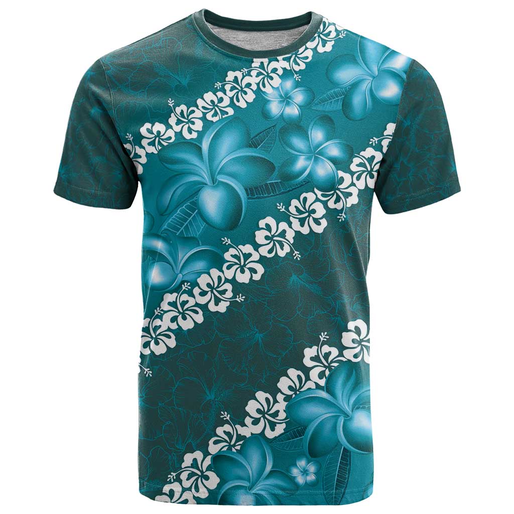 Vintage Dark Cyan Polynesia T Shirt Plumeria With Hibiscus Tropical Vibes