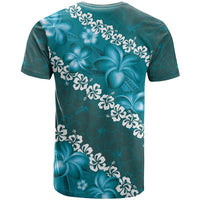 Vintage Dark Cyan Polynesia T Shirt Plumeria With Hibiscus Tropical Vibes