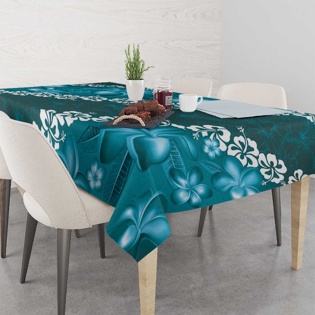 Vintage Dark Cyan Polynesia Tablecloth Plumeria With Hibiscus Tropical Vibes