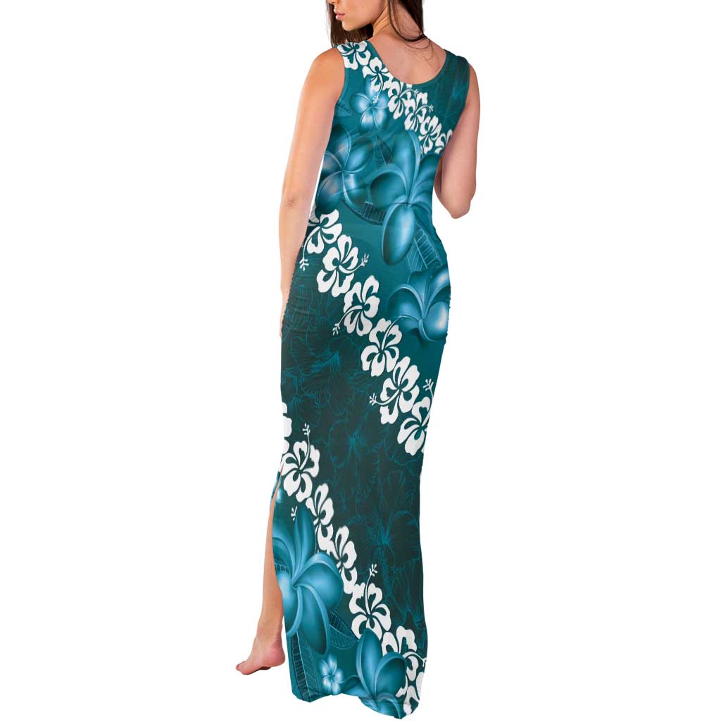 Vintage Dark Cyan Polynesia Tank Maxi Dress Plumeria With Hibiscus Tropical Vibes
