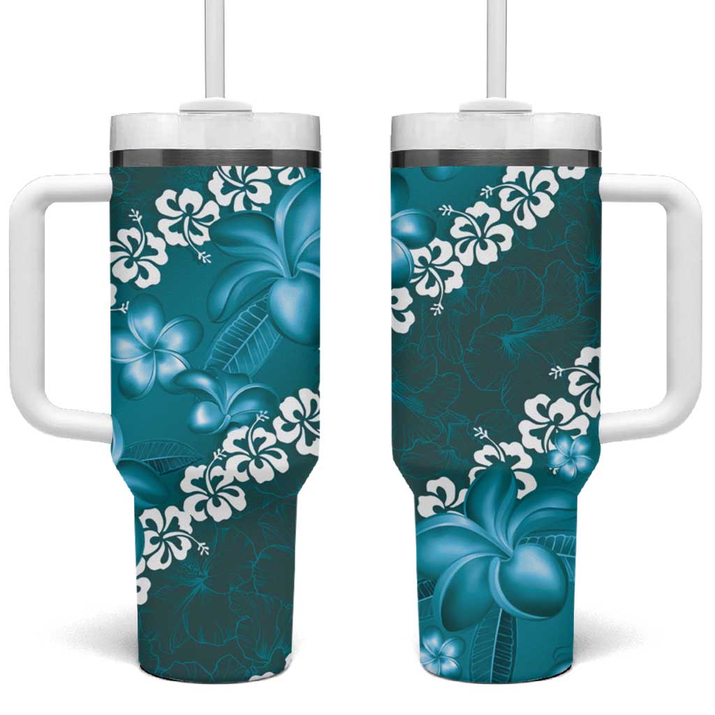 Vintage Dark Cyan Polynesia Tumbler With Handle Plumeria With Hibiscus Tropical Vibes