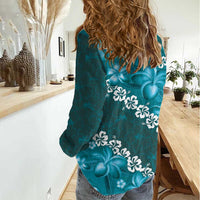 Vintage Dark Cyan Polynesia Women Casual Shirt Plumeria With Hibiscus Tropical Vibes