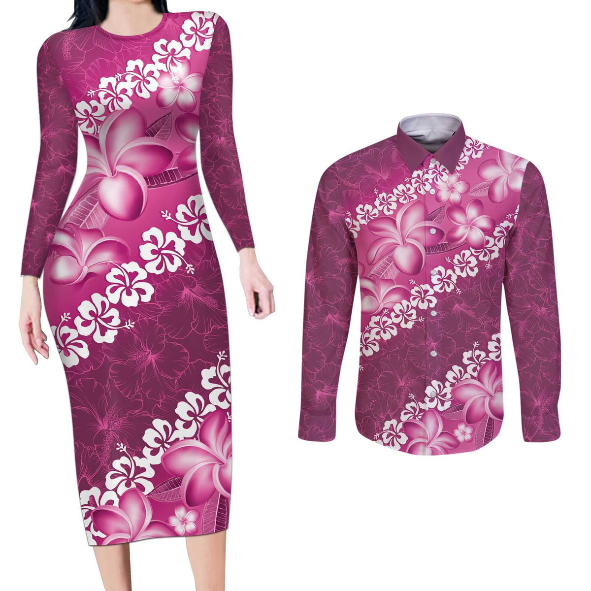 Vintage Pink Polynesia Couples Matching Long Sleeve Bodycon Dress and Long Sleeve Button Shirt Plumeria With Hibiscus Tropical Vibes