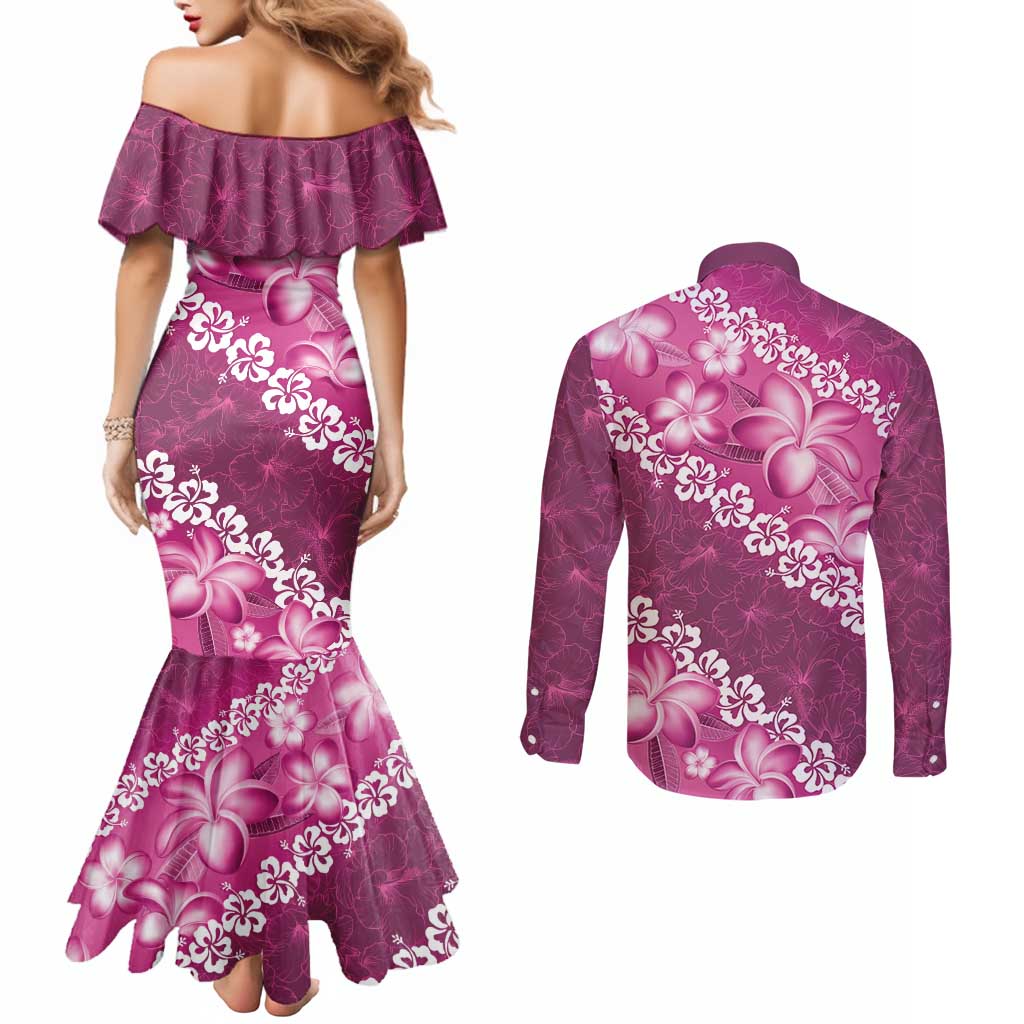 Vintage Pink Polynesia Couples Matching Mermaid Dress and Long Sleeve Button Shirt Plumeria With Hibiscus Tropical Vibes
