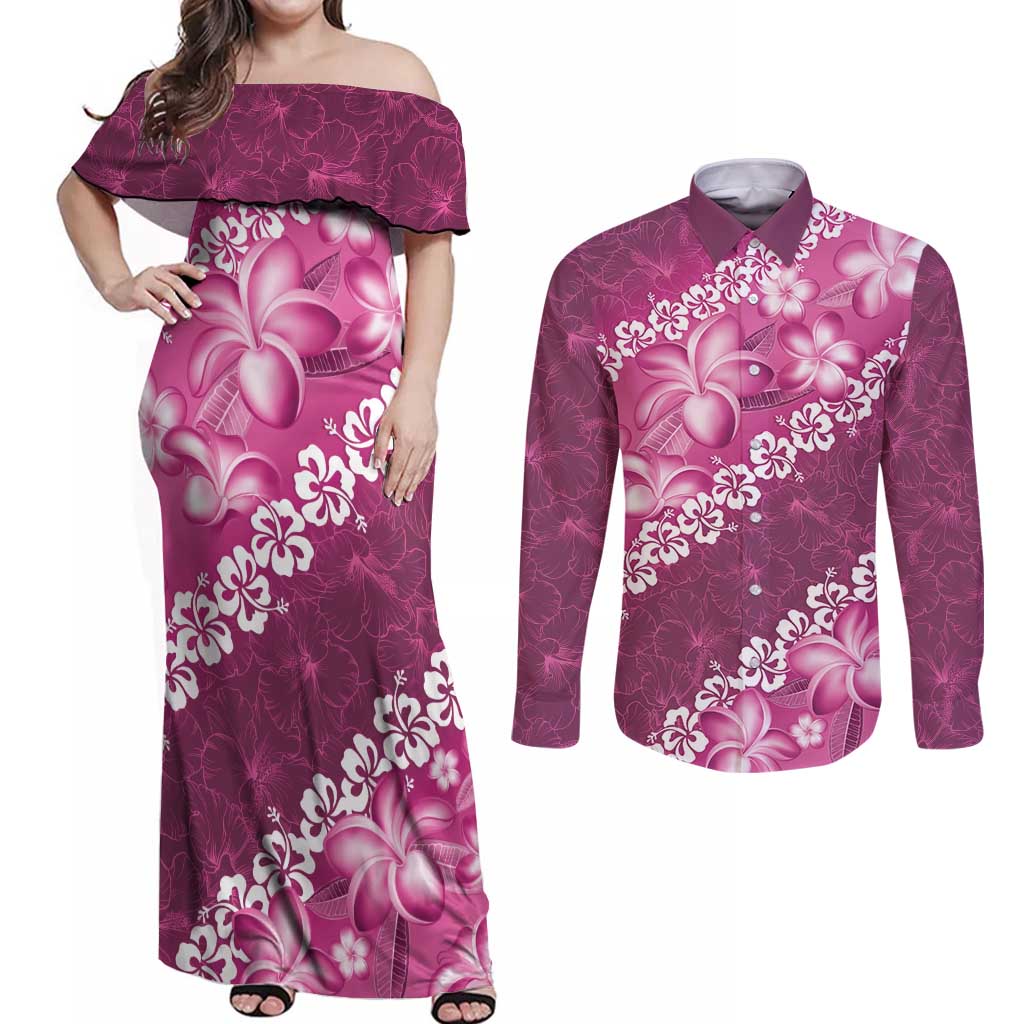 Vintage Pink Polynesia Couples Matching Off Shoulder Maxi Dress and Long Sleeve Button Shirt Plumeria With Hibiscus Tropical Vibes LT14 Pink - Polynesian Pride