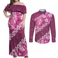 Vintage Pink Polynesia Couples Matching Off Shoulder Maxi Dress and Long Sleeve Button Shirt Plumeria With Hibiscus Tropical Vibes LT14 Pink - Polynesian Pride