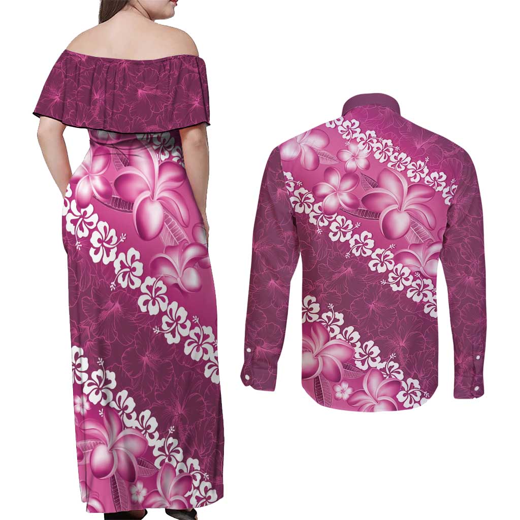 Vintage Pink Polynesia Couples Matching Off Shoulder Maxi Dress and Long Sleeve Button Shirt Plumeria With Hibiscus Tropical Vibes LT14 - Polynesian Pride
