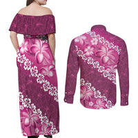 Vintage Pink Polynesia Couples Matching Off Shoulder Maxi Dress and Long Sleeve Button Shirt Plumeria With Hibiscus Tropical Vibes LT14 - Polynesian Pride