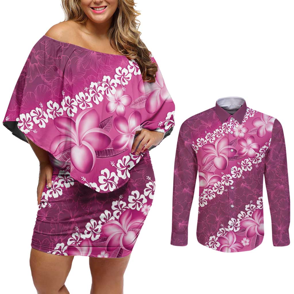 Vintage Pink Polynesia Couples Matching Off Shoulder Short Dress and Long Sleeve Button Shirt Plumeria With Hibiscus Tropical Vibes LT14 Pink - Polynesian Pride