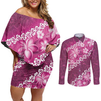 Vintage Pink Polynesia Couples Matching Off Shoulder Short Dress and Long Sleeve Button Shirt Plumeria With Hibiscus Tropical Vibes LT14 Pink - Polynesian Pride