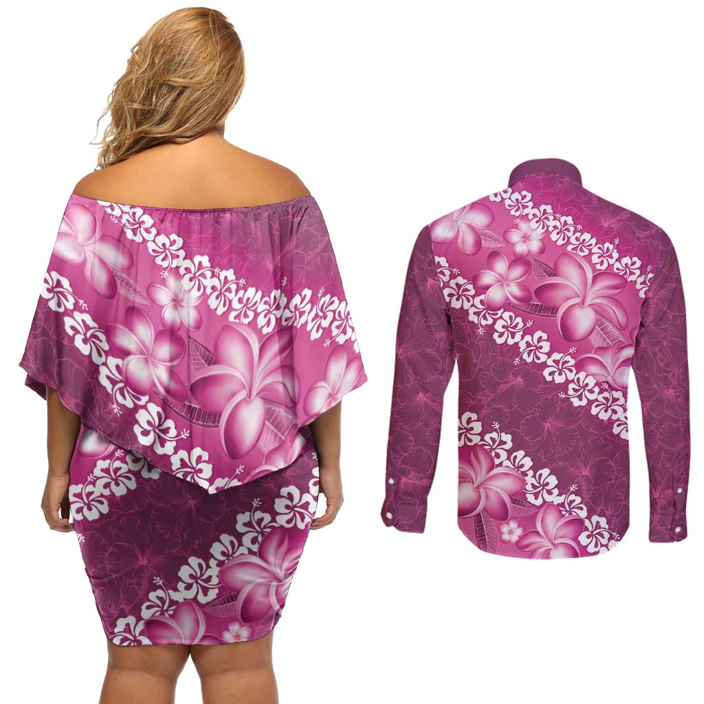 Vintage Pink Polynesia Couples Matching Off Shoulder Short Dress and Long Sleeve Button Shirt Plumeria With Hibiscus Tropical Vibes LT14 - Polynesian Pride