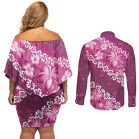 Vintage Pink Polynesia Couples Matching Off Shoulder Short Dress and Long Sleeve Button Shirt Plumeria With Hibiscus Tropical Vibes LT14 - Polynesian Pride