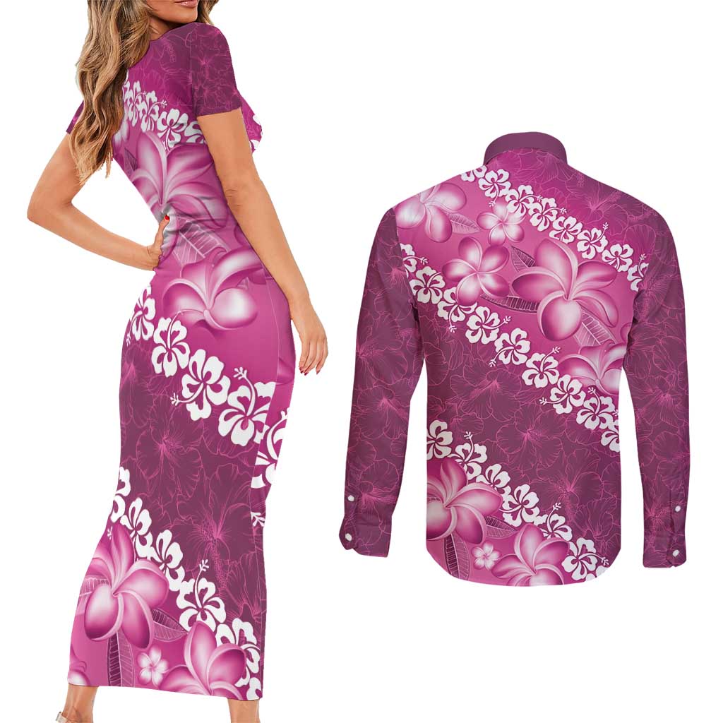 Vintage Pink Polynesia Couples Matching Short Sleeve Bodycon Dress and Long Sleeve Button Shirt Plumeria With Hibiscus Tropical Vibes