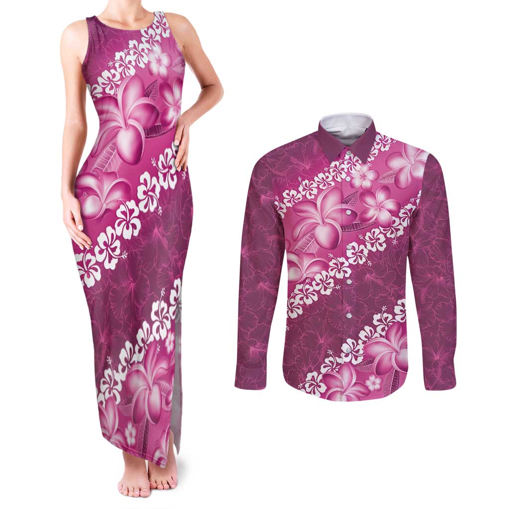 Vintage Pink Polynesia Couples Matching Tank Maxi Dress and Long Sleeve Button Shirt Plumeria With Hibiscus Tropical Vibes