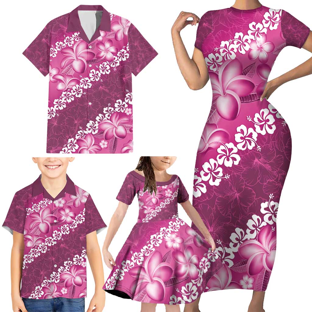 Vintage Pink Polynesia Family Matching Short Sleeve Bodycon Dress and Hawaiian Shirt Plumeria With Hibiscus Tropical Vibes LT14 - Polynesian Pride