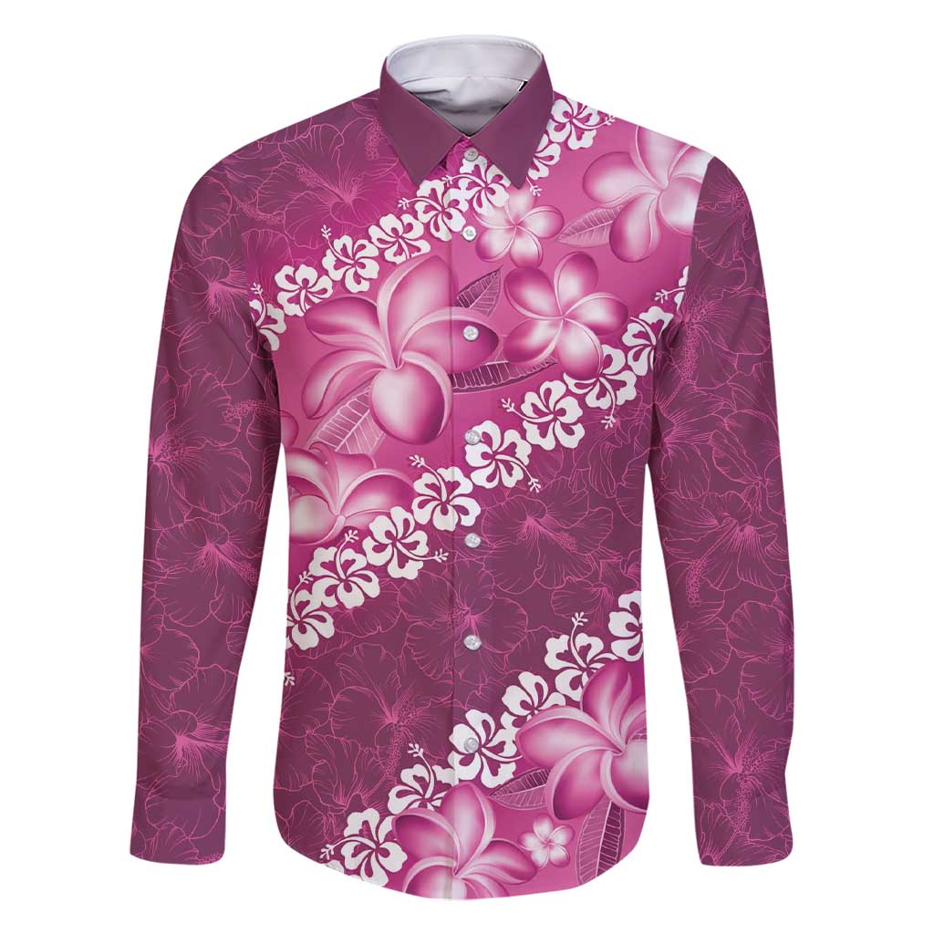 Vintage Pink Polynesia Family Matching Short Sleeve Bodycon Dress and Hawaiian Shirt Plumeria With Hibiscus Tropical Vibes LT14 Dad's Shirt - Long Sleeve Pink - Polynesian Pride
