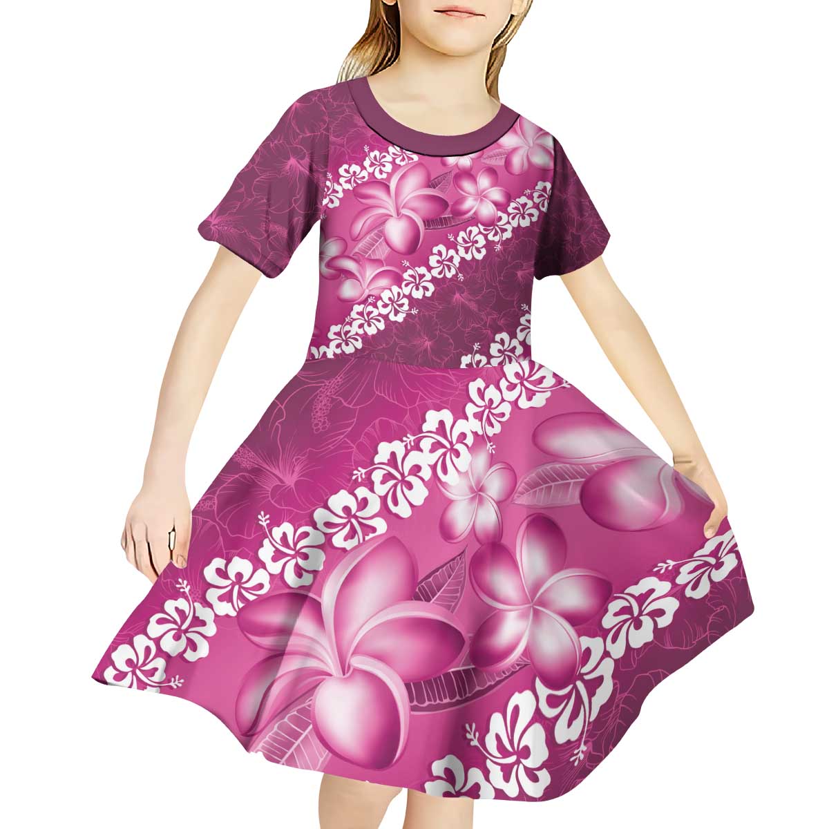 Vintage Pink Polynesia Kid Short Sleeve Dress Plumeria With Hibiscus Tropical Vibes