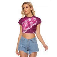 Vintage Pink Polynesia Raglan Cropped T Shirt Plumeria With Hibiscus Tropical Vibes