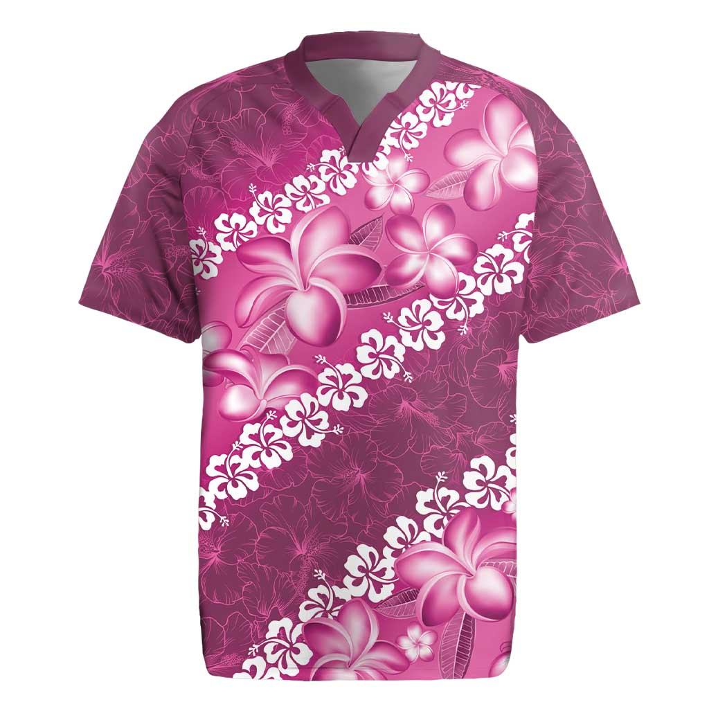 Vintage Pink Polynesia Rugby Jersey Plumeria With Hibiscus Tropical Vibes