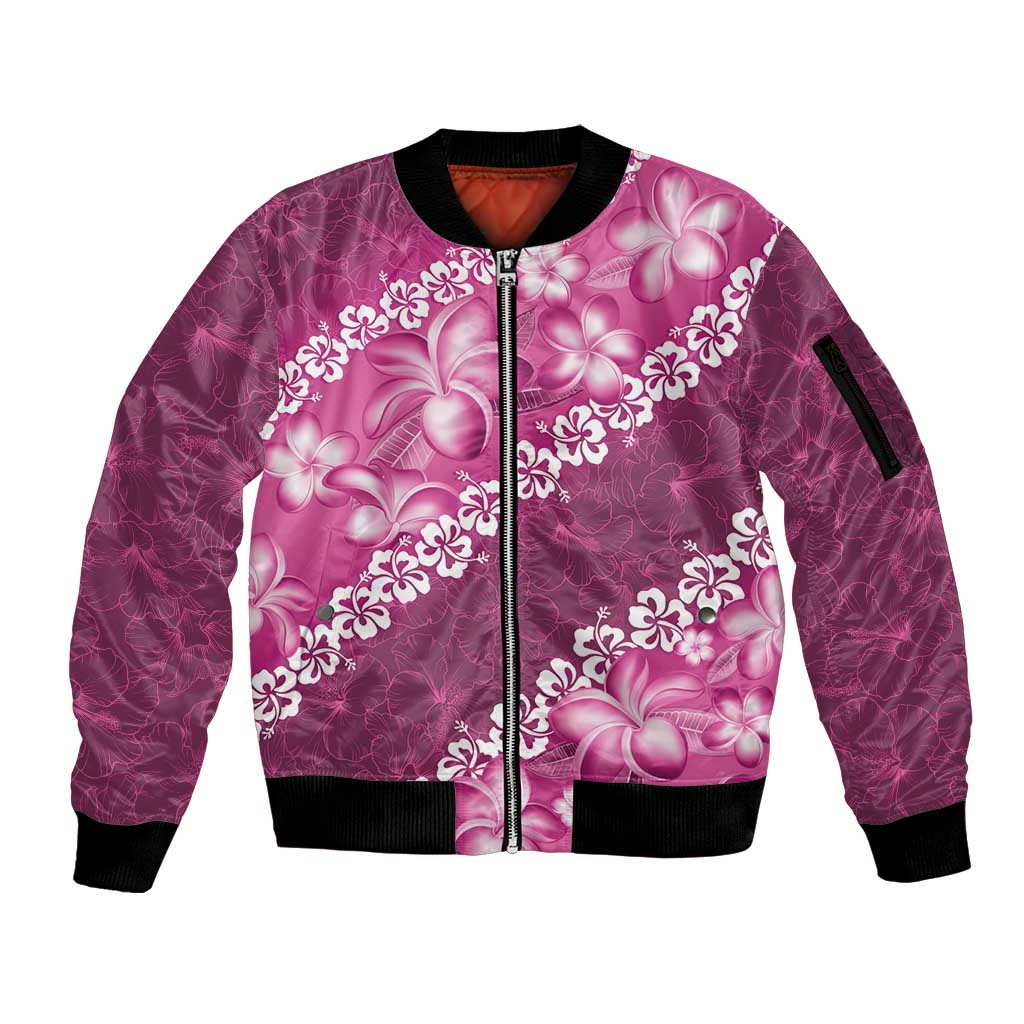 Vintage Pink Polynesia Sleeve Zip Bomber Jacket Plumeria With Hibiscus Tropical Vibes