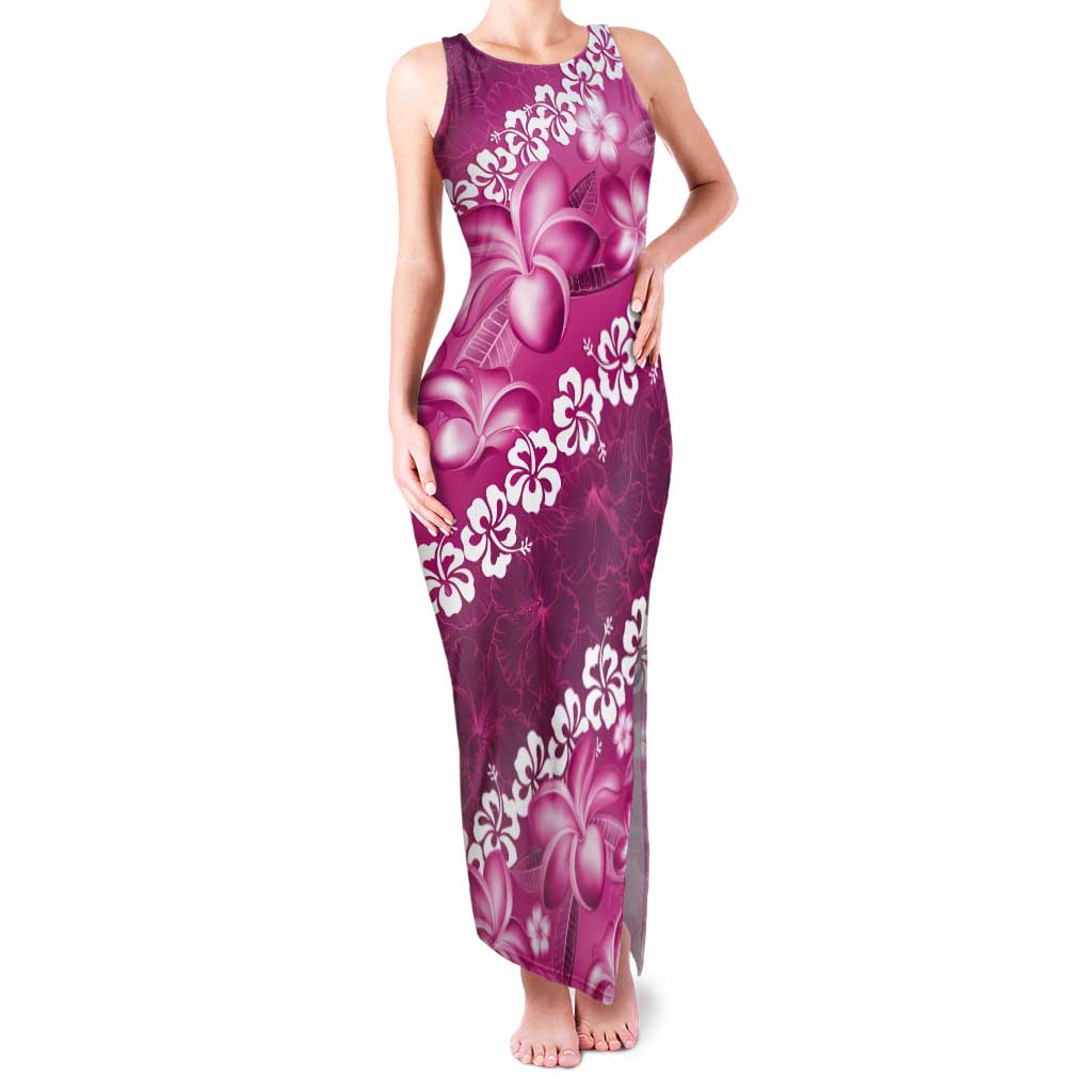 Vintage Pink Polynesia Tank Maxi Dress Plumeria With Hibiscus Tropical Vibes