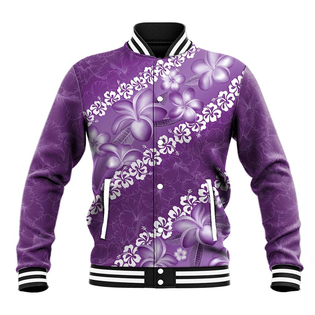 Vintage Purple Polynesia Baseball Jacket Plumeria With Hibiscus Tropical Vibes