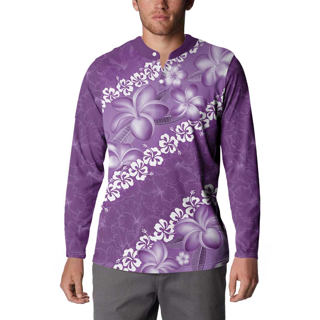 Vintage Purple Polynesia Button Sweatshirt Plumeria With Hibiscus Tropical Vibes