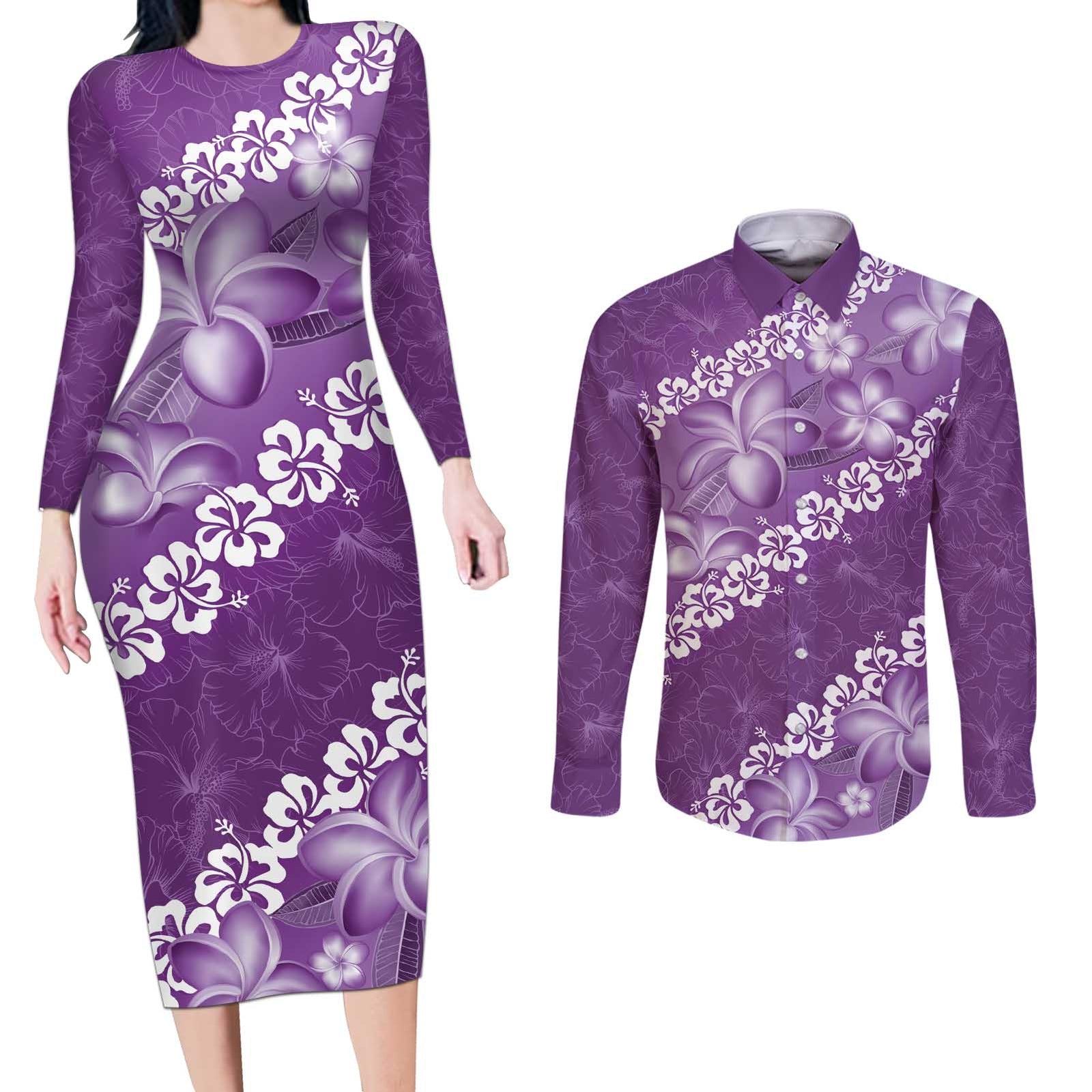 Vintage Purple Polynesia Couples Matching Long Sleeve Bodycon Dress and Long Sleeve Button Shirt Plumeria With Hibiscus Tropical Vibes