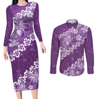 Vintage Purple Polynesia Couples Matching Long Sleeve Bodycon Dress and Long Sleeve Button Shirt Plumeria With Hibiscus Tropical Vibes LT14 Purple - Polynesian Pride