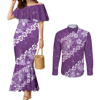 Vintage Purple Polynesia Couples Matching Mermaid Dress and Long Sleeve Button Shirt Plumeria With Hibiscus Tropical Vibes
