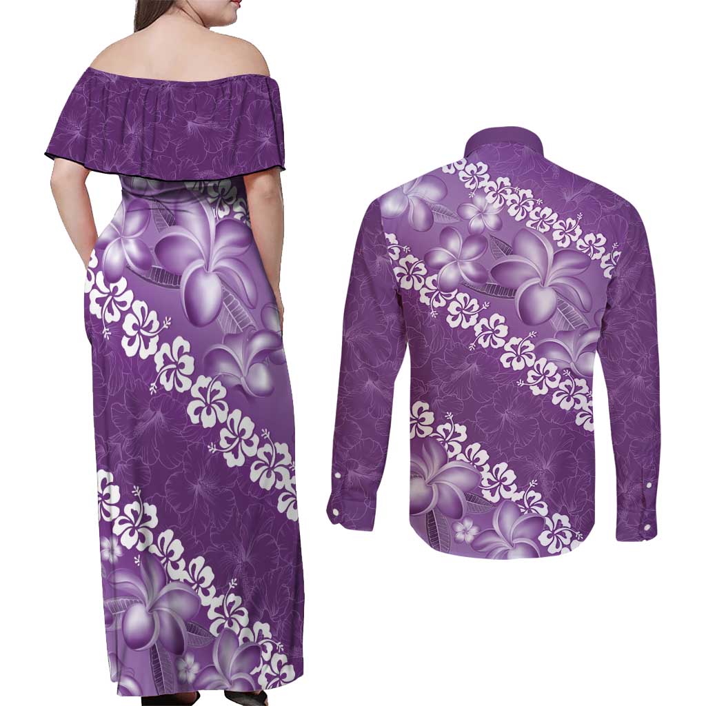 Vintage Purple Polynesia Couples Matching Off Shoulder Maxi Dress and Long Sleeve Button Shirt Plumeria With Hibiscus Tropical Vibes