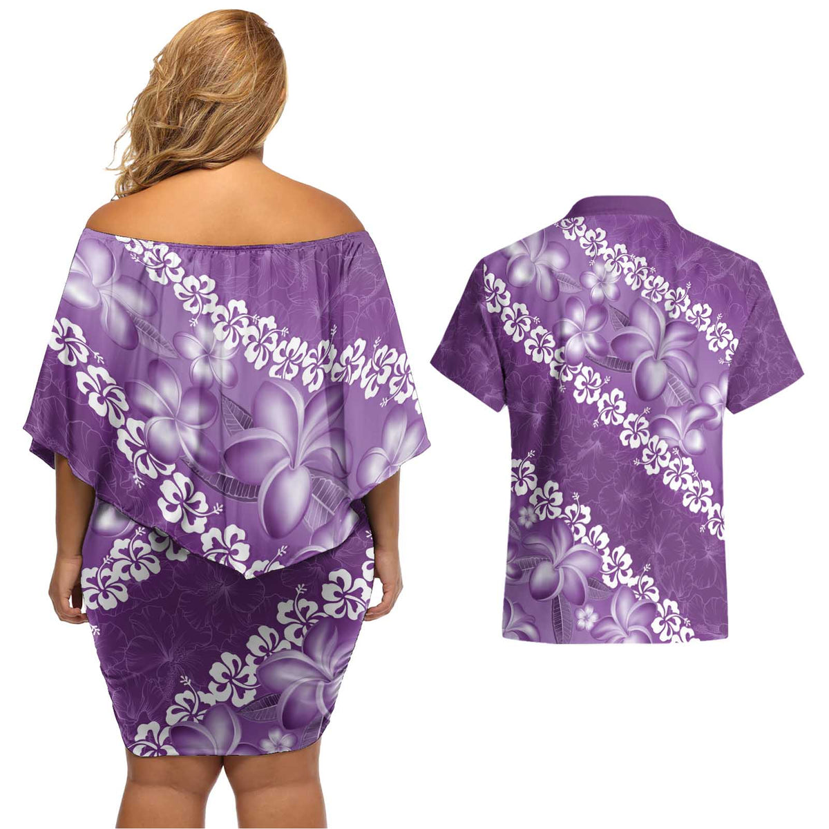 Vintage Purple Polynesia Couples Matching Off Shoulder Short Dress and Hawaiian Shirt Plumeria With Hibiscus Tropical Vibes LT14 - Polynesian Pride