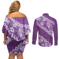 Vintage Purple Polynesia Couples Matching Off Shoulder Short Dress and Long Sleeve Button Shirt Plumeria With Hibiscus Tropical Vibes