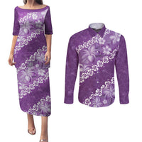 Vintage Purple Polynesia Couples Matching Puletasi and Long Sleeve Button Shirt Plumeria With Hibiscus Tropical Vibes LT14 Purple - Polynesian Pride