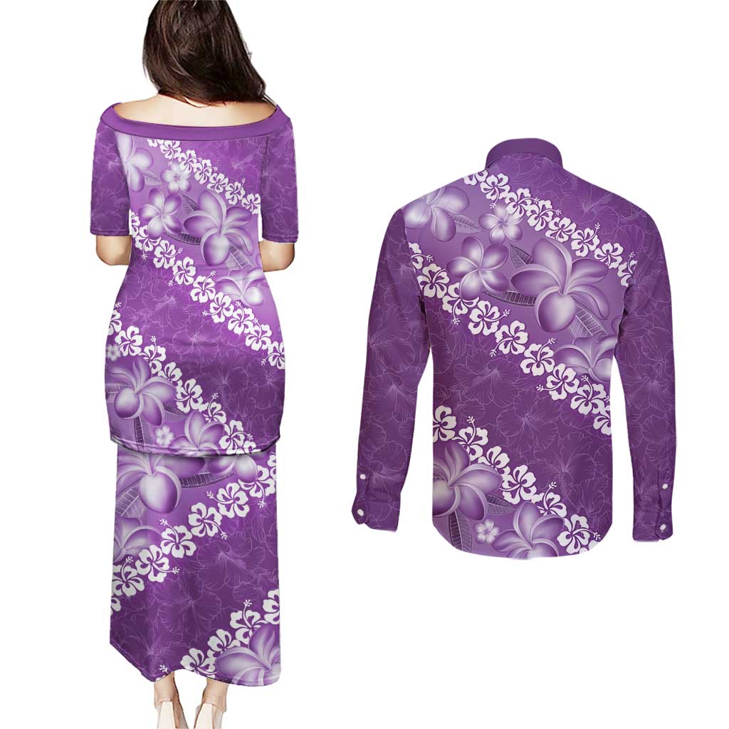 Vintage Purple Polynesia Couples Matching Puletasi and Long Sleeve Button Shirt Plumeria With Hibiscus Tropical Vibes LT14 - Polynesian Pride