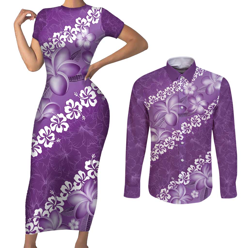Vintage Purple Polynesia Couples Matching Short Sleeve Bodycon Dress and Long Sleeve Button Shirt Plumeria With Hibiscus Tropical Vibes LT14 Purple - Polynesian Pride