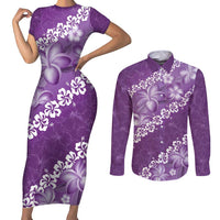 Vintage Purple Polynesia Couples Matching Short Sleeve Bodycon Dress and Long Sleeve Button Shirt Plumeria With Hibiscus Tropical Vibes LT14 Purple - Polynesian Pride