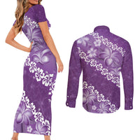 Vintage Purple Polynesia Couples Matching Short Sleeve Bodycon Dress and Long Sleeve Button Shirt Plumeria With Hibiscus Tropical Vibes LT14 - Polynesian Pride