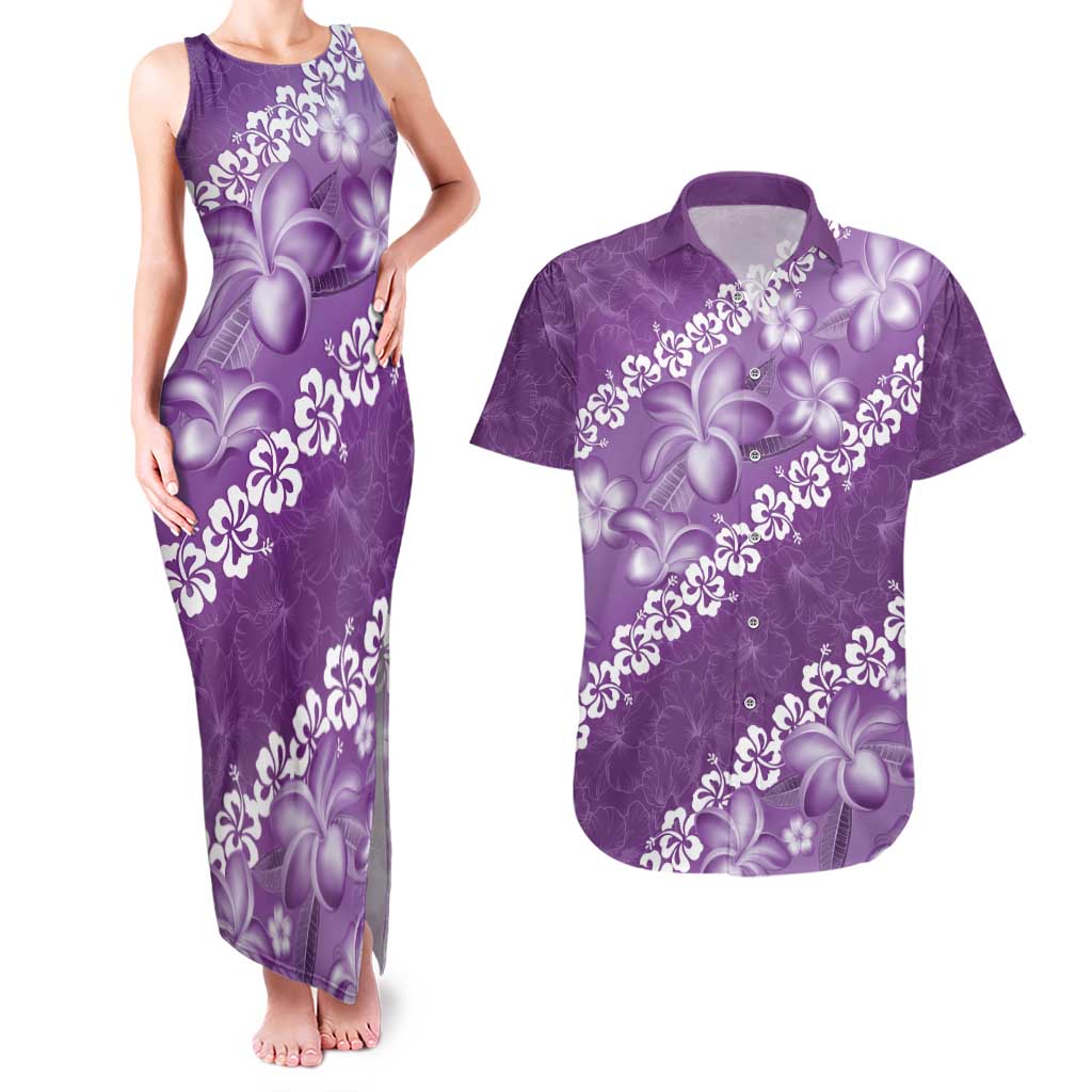 Vintage Purple Polynesia Couples Matching Tank Maxi Dress and Hawaiian Shirt Plumeria With Hibiscus Tropical Vibes LT14 Purple - Polynesian Pride