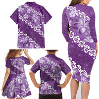 Vintage Purple Polynesia Family Matching Long Sleeve Bodycon Dress and Hawaiian Shirt Plumeria With Hibiscus Tropical Vibes LT14 - Polynesian Pride
