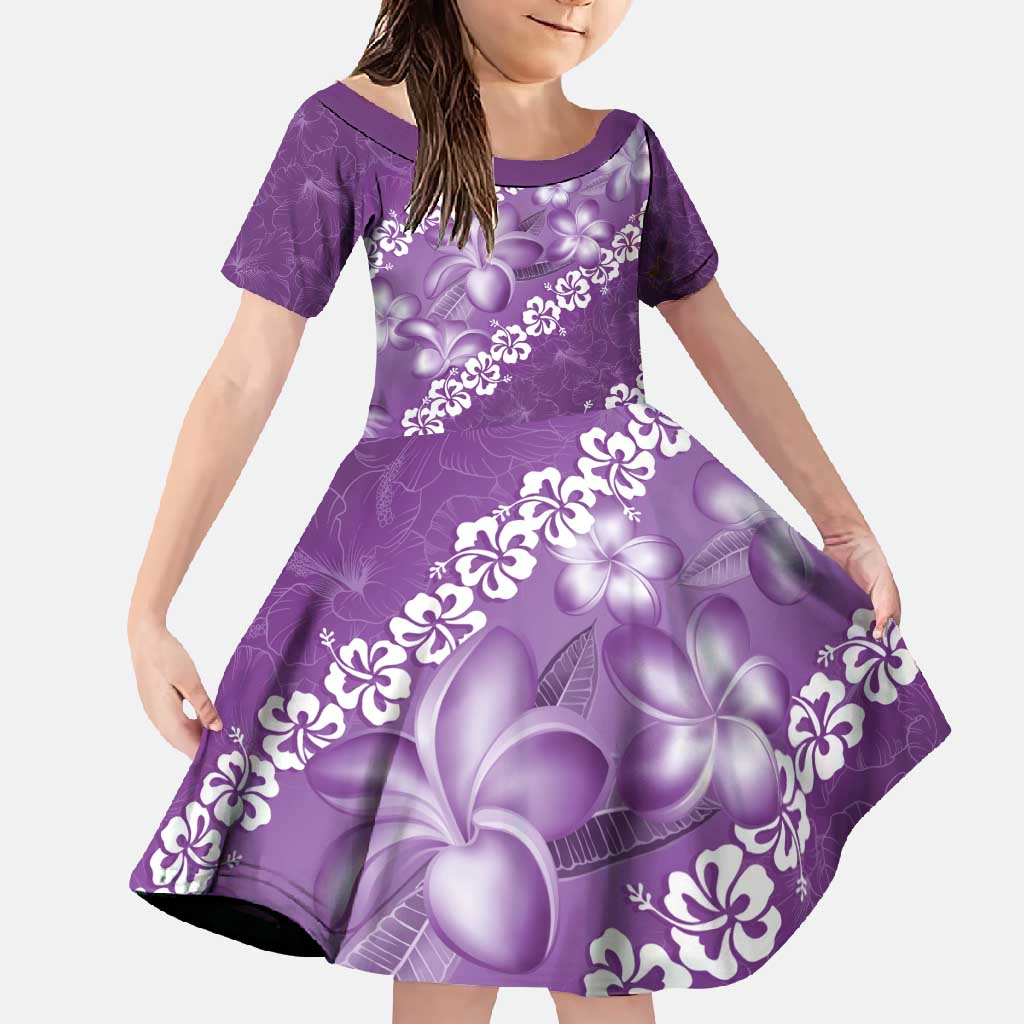 Vintage Purple Polynesia Family Matching Mermaid Dress and Hawaiian Shirt Plumeria With Hibiscus Tropical Vibes LT14 Daughter's Dress Purple - Polynesian Pride