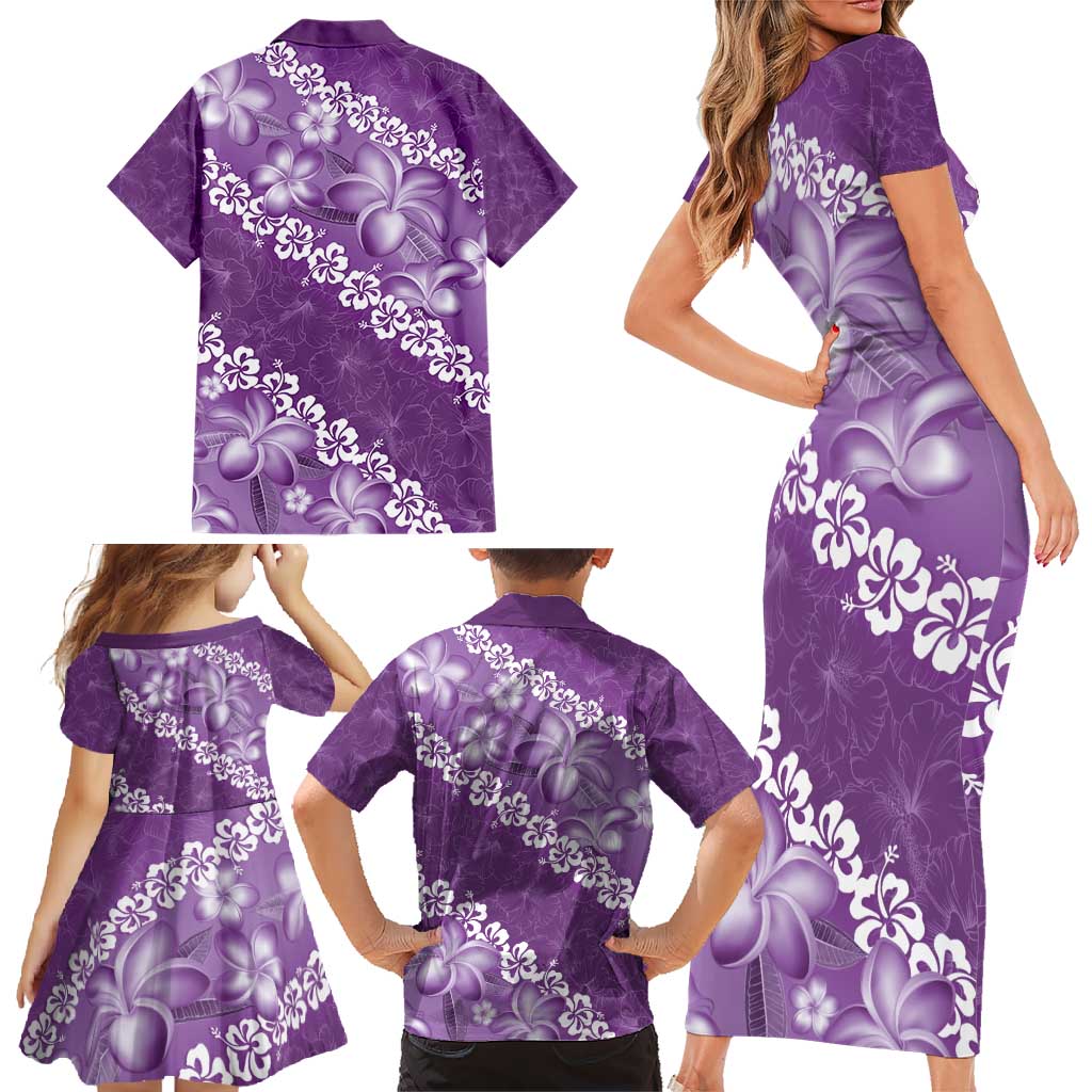 Vintage Purple Polynesia Family Matching Short Sleeve Bodycon Dress and Hawaiian Shirt Plumeria With Hibiscus Tropical Vibes LT14 - Polynesian Pride